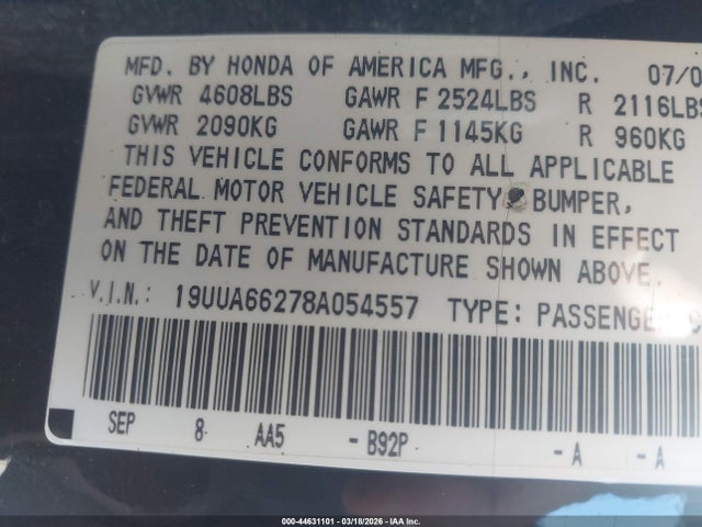 44631101 :رقم المزاد ، 19UUA66278A054557 vin ، 2008 Acura Tl 3.2 مزاد بيع