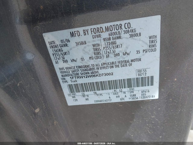 2006 Ford F-150 Xlt მანქანა იყიდება აუქციონზე, vin: 1FTRW12W06KD73002, აუქციონის ნომერი: 44631106