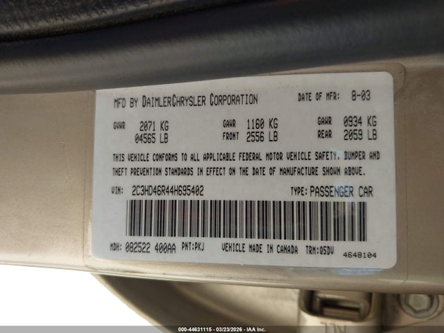 44631115 :رقم المزاد ، 2C3HD46R44H695402 vin ، 2004 Chrysler Concorde Lx مزاد بيع