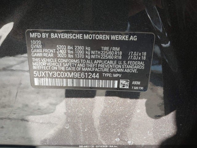 Продаж на аукціоні авто 2021 Bmw X3 Sdrive30i, vin: 5UXTY3C0XM9E61244, номер лоту: 44631130