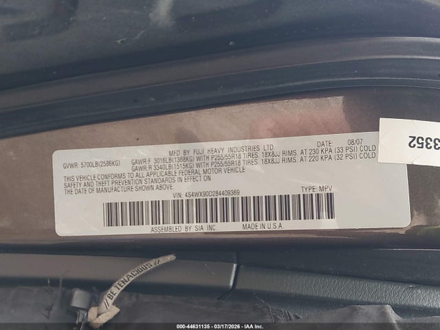 44631135 :رقم المزاد ، 4S4WX90D284409369 vin ، 2008 Subaru Tribeca Limited 7-passenger مزاد بيع