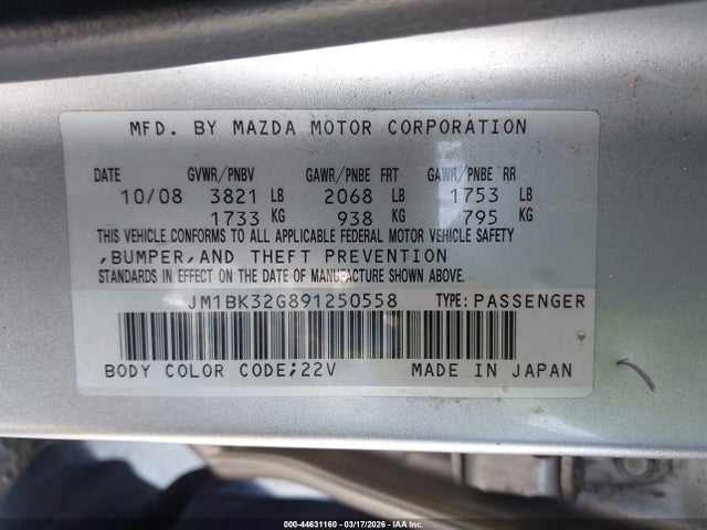 44631160 :رقم المزاد ، JM1BK32G891250558 vin ، 2009 Mazda Mazda3 I Sport مزاد بيع