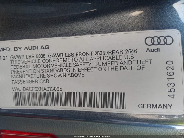 Продаж на аукціоні авто 2022 Audi A5 Sportback Premium 45 Tfsi S Line Quattro S Tronic, vin: WAUDACF5XNA013095, номер лоту: 44631170