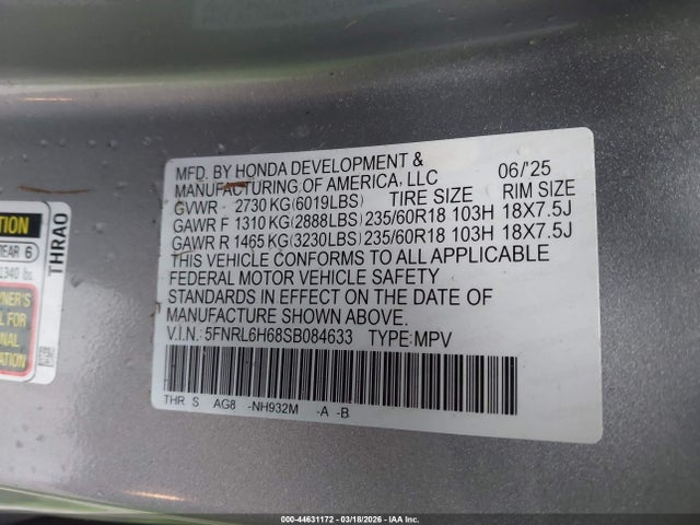 5FNRL6H68SB084633 Honda Odyssey Ex-l