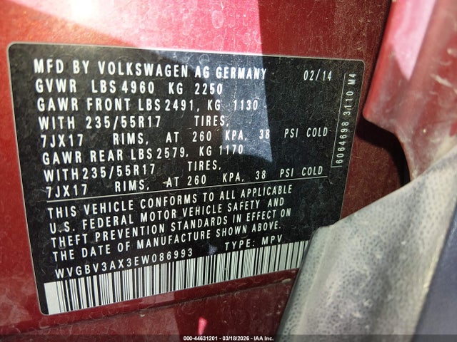 2014 Volkswagen Tiguan Se მანქანა იყიდება აუქციონზე, vin: WVGBV3AX3EW086993, აუქციონის ნომერი: 44631201