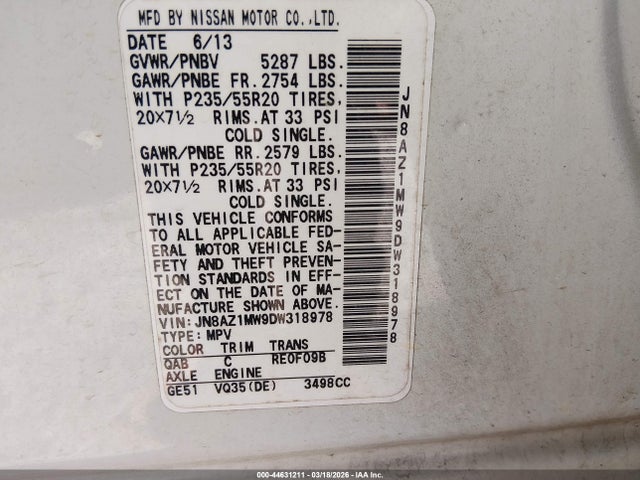 2013 NISSAN MURANO JN8AZ1MW9DW318978 Photo 8