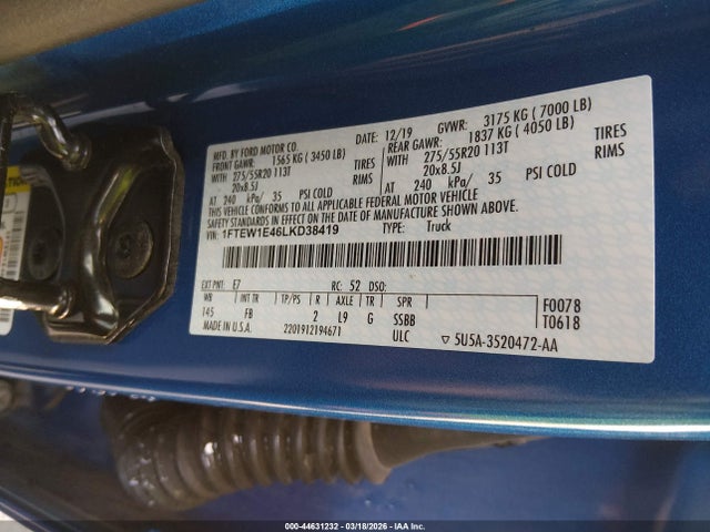 Продаж на аукціоні авто 2020 Ford F-150 Xlt, vin: 1FTEW1E46LKD38419, номер лоту: 44631232