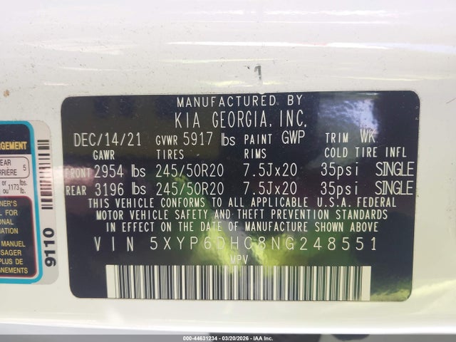 Aukcja sprzedaży 2022 Kia Telluride S, vin: 5XYP6DHC8NG248551, numer aukcji: 44631234