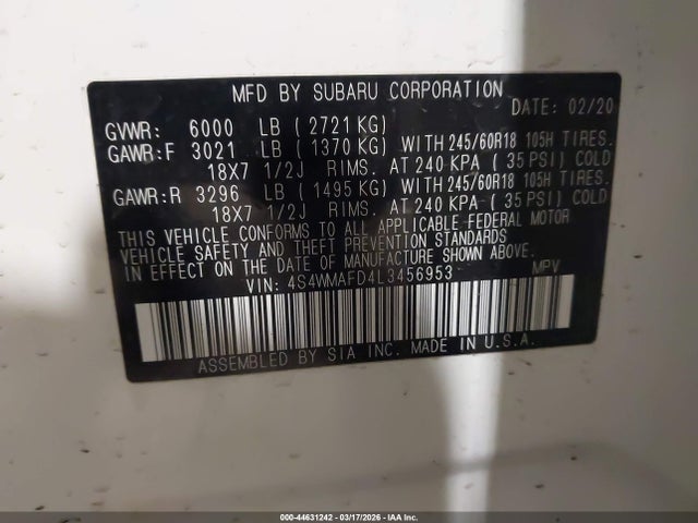 Продажа на аукционе авто 2020 Subaru Ascent Premium, vin: 4S4WMAFD4L3456953, номер лота: 44631242