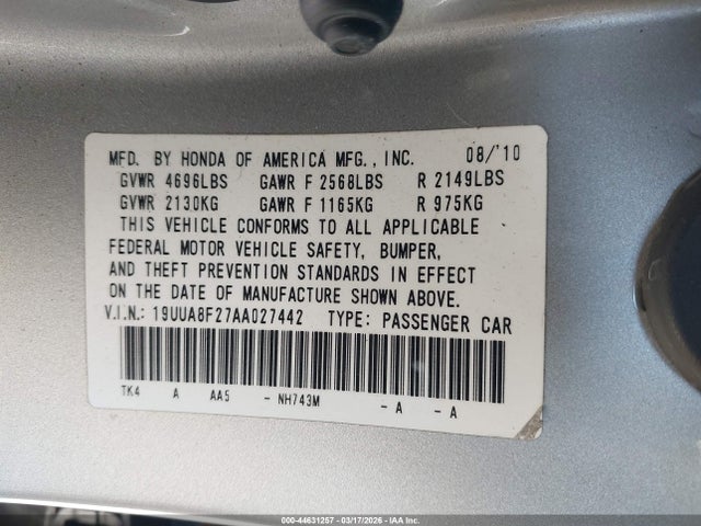 2010 Acura Tl 3.5 მანქანა იყიდება აუქციონზე, vin: 19UUA8F27AA027442, აუქციონის ნომერი: 44631257