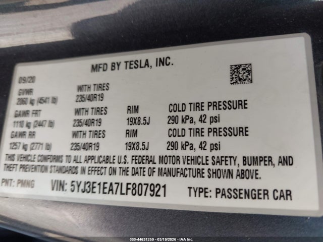 2020 Tesla Model 3 მანქანა იყიდება აუქციონზე, vin: 5YJ3E1EA7LF807921, აუქციონის ნომერი: 44631259