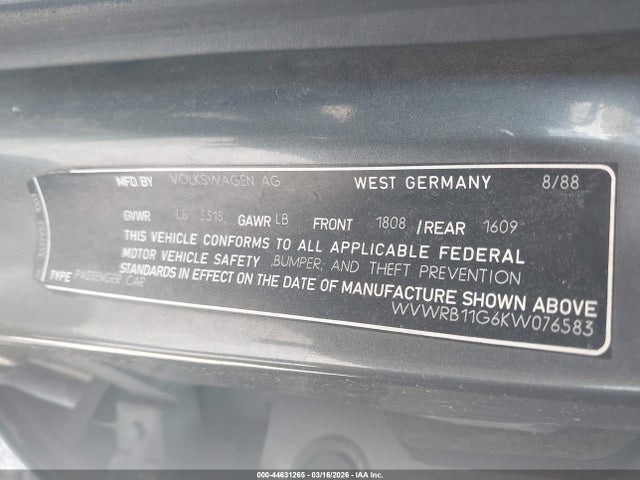 Продаж на аукціоні авто 1989 Volkswagen Jetta Gl, vin: WVWRB11G6KW076583, номер лоту: 44631265