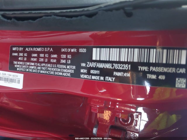 2020 ALFA ROMEO GIULIA ZARFAMAN6L7632351 Photo 8