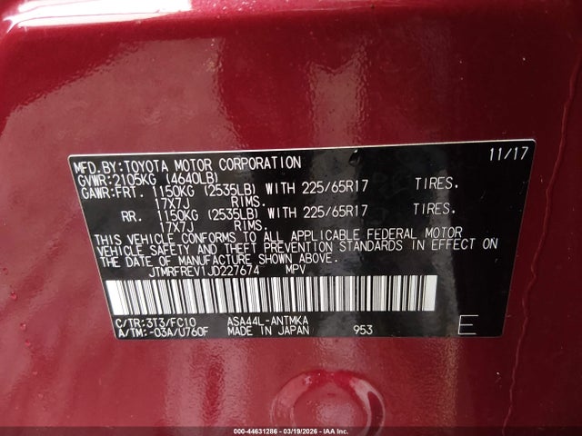 Aukcja sprzedaży 2018 Toyota Rav4 Xle, vin: JTMRFREV1JD227674, numer aukcji: 44631286