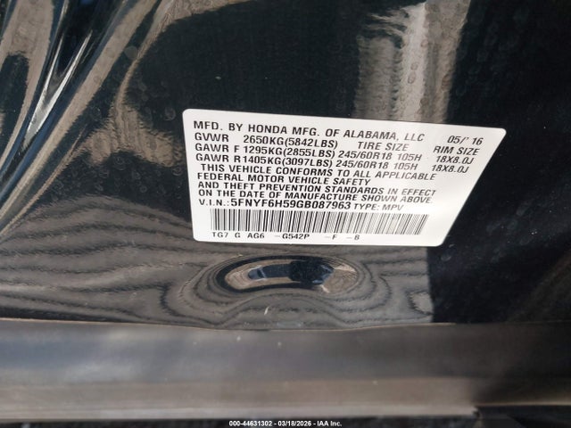 5FNYF6H59GB087963 Honda Pilot Ex-l