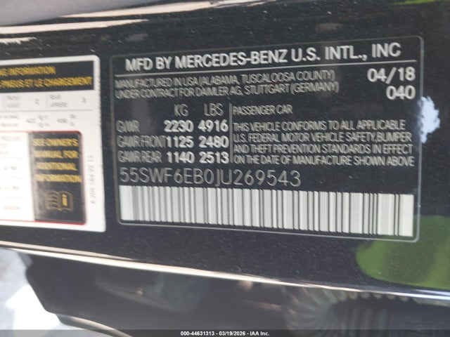 Продаж на аукціоні авто 2018 Mercedes-benz Amg C 43 4matic, vin: 55SWF6EB0JU269543, номер лоту: 44631313