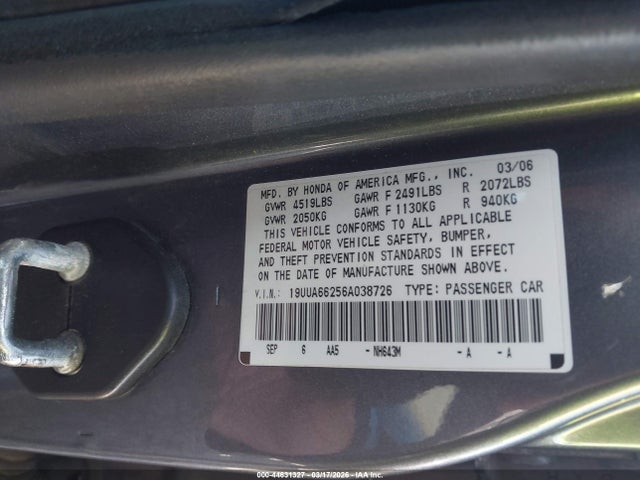 Aukcja sprzedaży 2006 Acura Tl, vin: 19UUA66256A038726, numer aukcji: 44631327