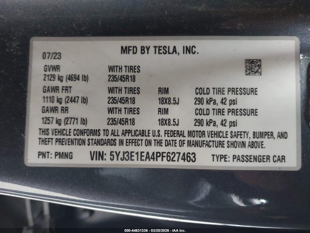 44631336 :رقم المزاد ، 5YJ3E1EA4PF627463 vin ، 2023 Tesla Model 3 Rear-wheel Drive مزاد بيع