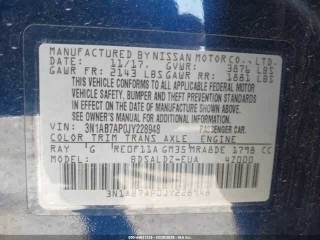 Продаж на аукціоні авто 2018 Nissan Sentra Sv, vin: 3N1AB7AP0JY228948, номер лоту: 44631339