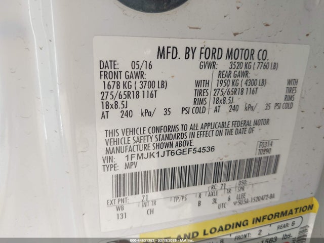 1FMJK1JT6GEF54536 Ford Expedition El Xlt