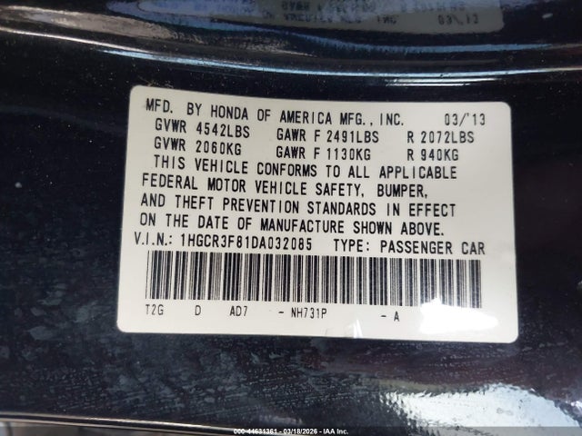 2013 Honda Accord Ex-l V-6 მანქანა იყიდება აუქციონზე, vin: 1HGCR3F81DA032085, აუქციონის ნომერი: 44631361