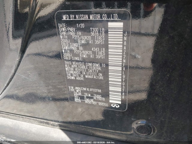 Продажа на аукционе авто 2020 Infiniti Qx80 Luxe, vin: JN8AZ2NFXL9703788, номер лота: 44631362