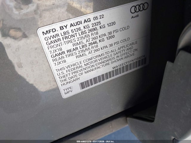 2022 Audi Q3 Premium Plus 45 Tfsi S Line Quattro Tiptronic მანქანა იყიდება აუქციონზე, vin: WA1EECF31N1133274, აუქციონის ნომერი: 44631378