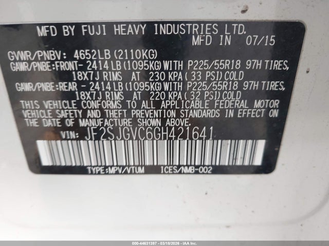 Aukcja sprzedaży 2016 Subaru Forester 2.0xt Touring, vin: JF2SJGVC6GH421641, numer aukcji: 44631397