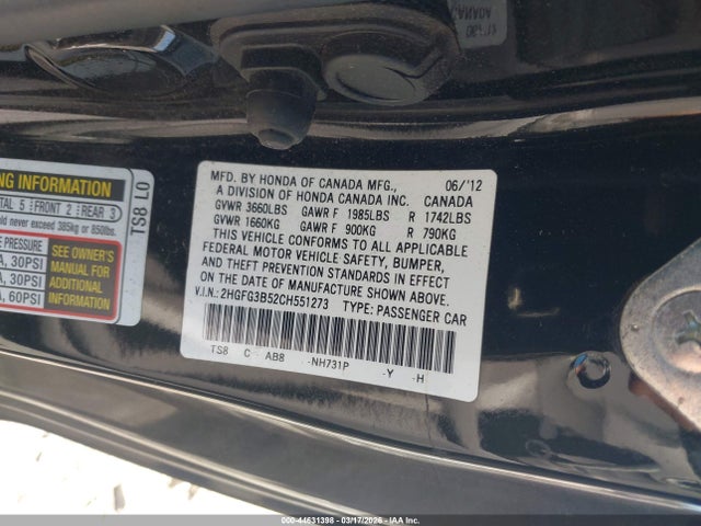 Aukcja sprzedaży 2012 Honda Civic Lx, vin: 2HGFG3B52CH551273, numer aukcji: 44631398