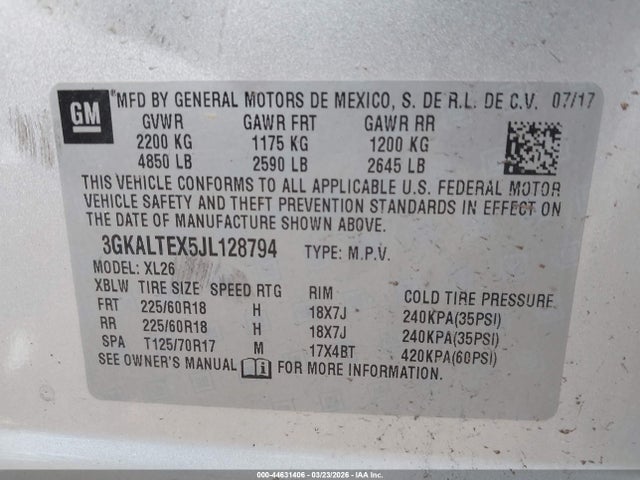 44631406 :رقم المزاد ، 3GKALTEX5JL128794 vin ، 2018 Gmc Terrain Sle مزاد بيع