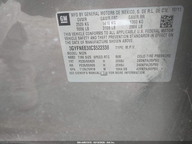 2012 Cadillac Srx Performance Collection მანქანა იყიდება აუქციონზე, vin: 3GYFNEE30CS522338, აუქციონის ნომერი: 44631415