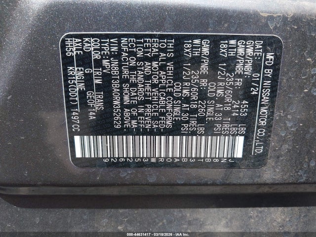 2024 Nissan Rogue Sv Fwd მანქანა იყიდება აუქციონზე, vin: JN8BT3BA0RW352629, აუქციონის ნომერი: 44631417