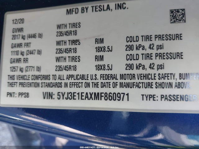 5YJ3E1EAXMF860971 Tesla Model 3 Standard Range Plus Rear-wheel Drive
