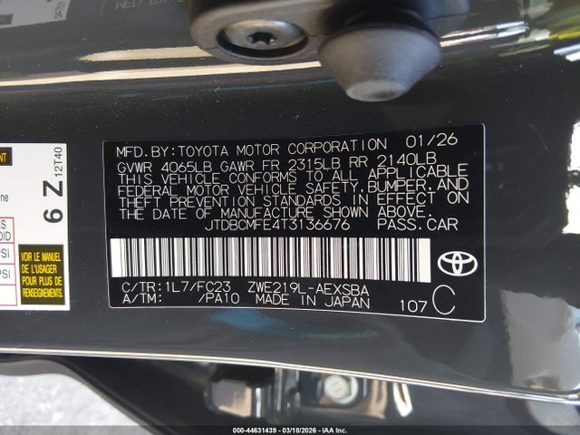 Aukcja sprzedaży 2026 Toyota Corolla Hybrid Hybrid Se, vin: JTDBCMFE4T3136676, numer aukcji: 44631439