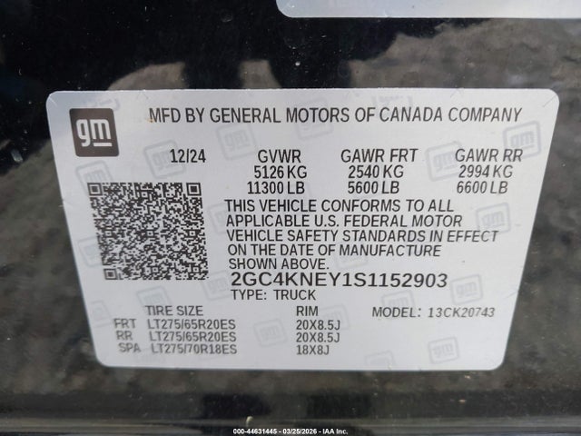 Aukcja sprzedaży 2025 Chevrolet Silverado 2500hd 4wd  Standard Bed Lt, vin: 2GC4KNEY1S1152903, numer aukcji: 44631445