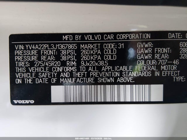 2018 Volvo Xc90 T6 Inscription მანქანა იყიდება აუქციონზე, vin: YV4A22PL3J1367865, აუქციონის ნომერი: 44631450