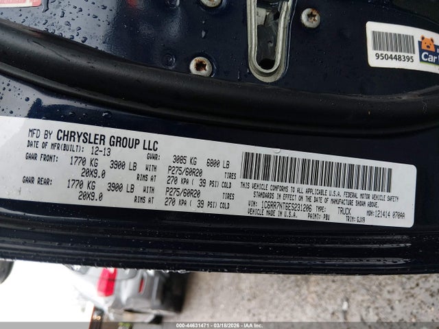 Продажа на аукционе авто 2014 Ram 1500 Laramie, vin: 1C6RR7NT6ES231206, номер лота: 44631471