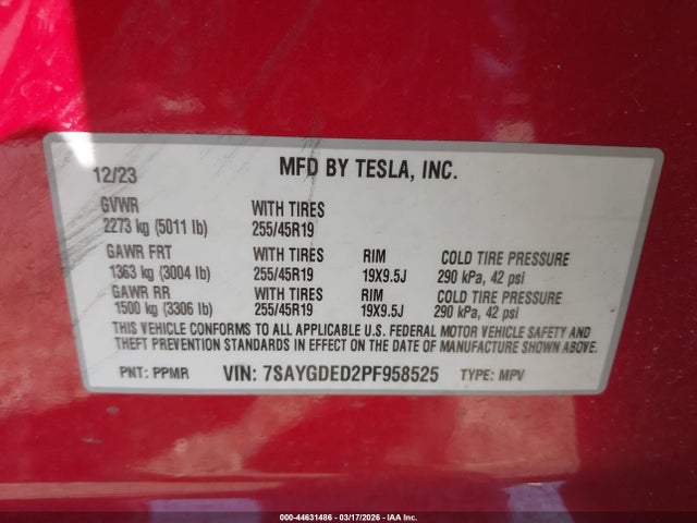 2023 Tesla Model Y Rwd მანქანა იყიდება აუქციონზე, vin: 7SAYGDED2PF958525, აუქციონის ნომერი: 44631486