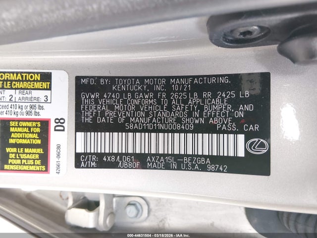 44631504 :رقم المزاد ، 58AD11D11NU008409 vin ، 2022 Lexus Es 250 مزاد بيع
