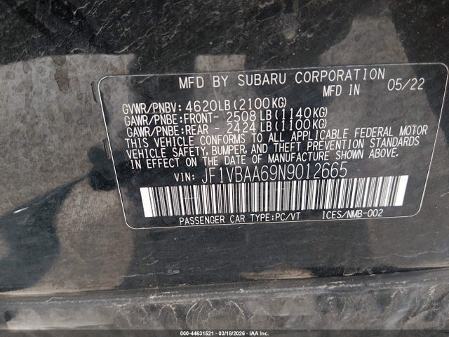 44631521 :رقم المزاد ، JF1VBAA69N9012665 vin ، 2022 Subaru Wrx مزاد بيع