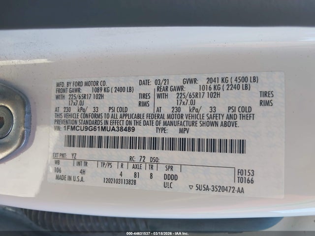 1FMCU9G61MUA38489 Ford ESCAPE SE