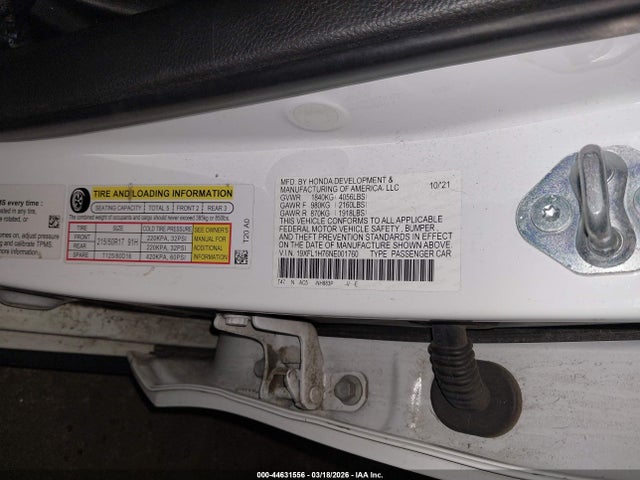 Auction sale of the 2022 Honda Civic Ex-l, vin: 19XFL1H76NE001760, lot number: 44631556