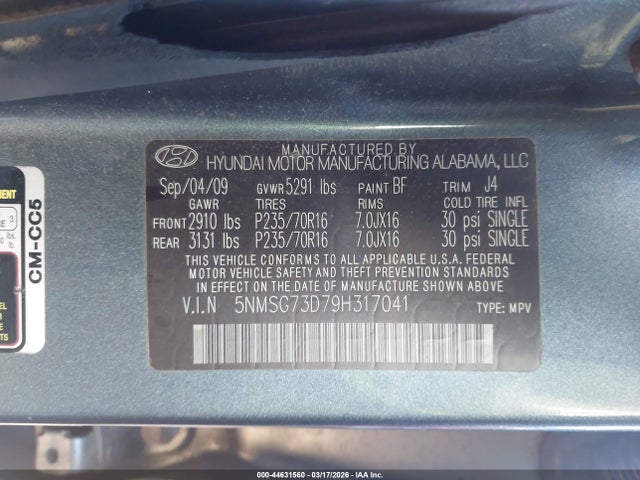 Aukcja sprzedaży 2009 Hyundai Santa Fe Gls, vin: 5NMSG73D79H317041, numer aukcji: 44631560