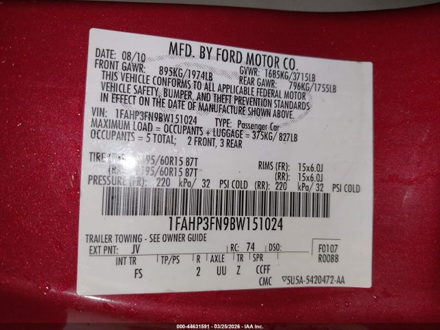 Продажа на аукционе авто 2011 Ford Focus Se, vin: 1FAHP3FN9BW151024, номер лота: 44631591