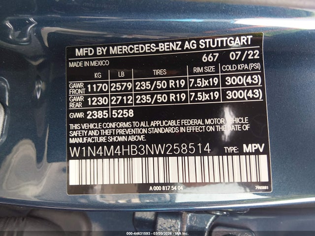 Aukcja sprzedaży 2022 Mercedes-benz Glb 250 4matic, vin: W1N4M4HB3NW258514, numer aukcji: 44631593