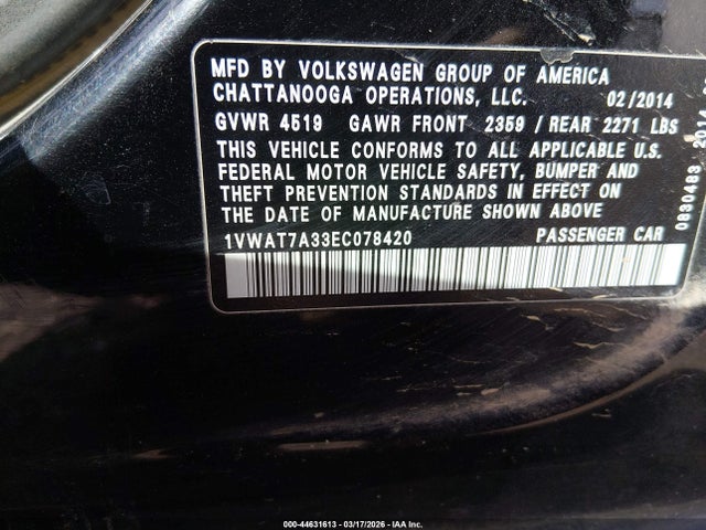 Aukcja sprzedaży 2014 Volkswagen Passat 1.8t Wolfsburg Edition, vin: 1VWAT7A33EC078420, numer aukcji: 44631613