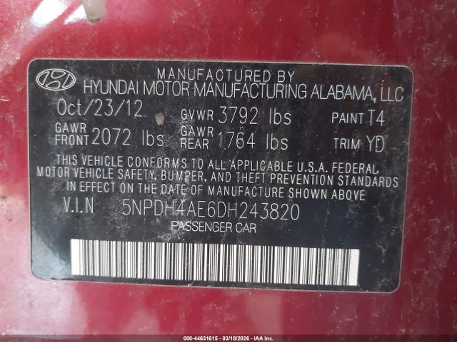 Продажа на аукционе авто 2013 Hyundai Elantra Gls, vin: 5NPDH4AE6DH243820, номер лота: 44631615