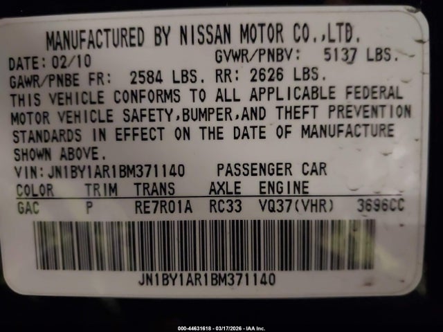 44631618 :رقم المزاد ، JN1BY1AR1BM371140 vin ، 2011 Infiniti M37x مزاد بيع