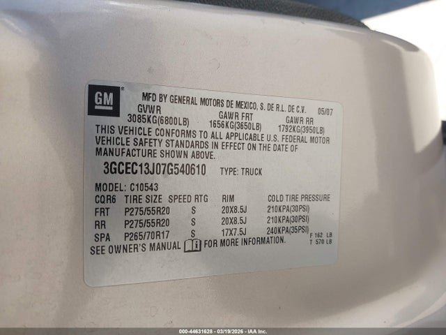 Aukcja sprzedaży 2007 Chevrolet Silverado 1500 Lt1, vin: 3GCEC13J07G540610, numer aukcji: 44631628