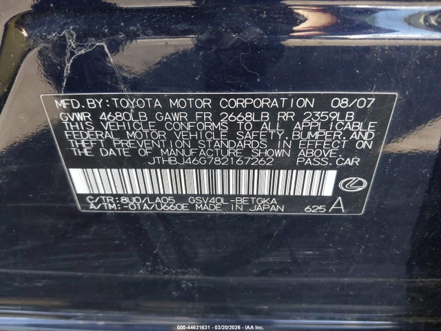2008 Lexus Es 350 მანქანა იყიდება აუქციონზე, vin: JTHBJ46G782167262, აუქციონის ნომერი: 44631631